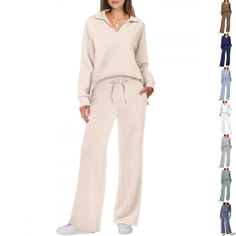 Women's V-Neck Tracksuit Set Long Sleeve Pullover & Drawstring Straight-Leg Trousers Solid Colors