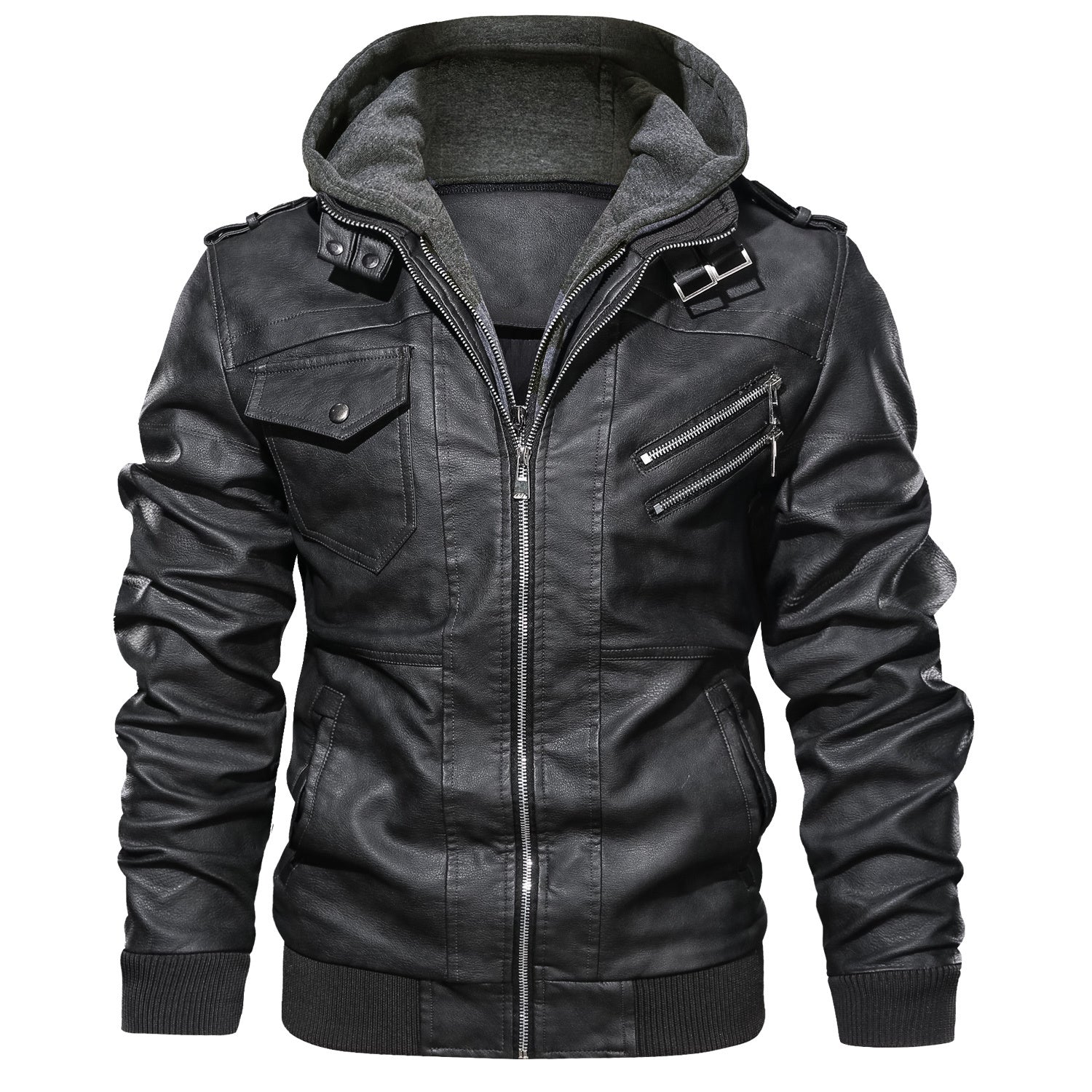 Men's Slim Fit Faux Leather Lapel Zip-Up Jacket