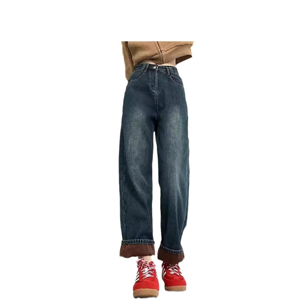Jean droit taille haute doublé polaire pour femme