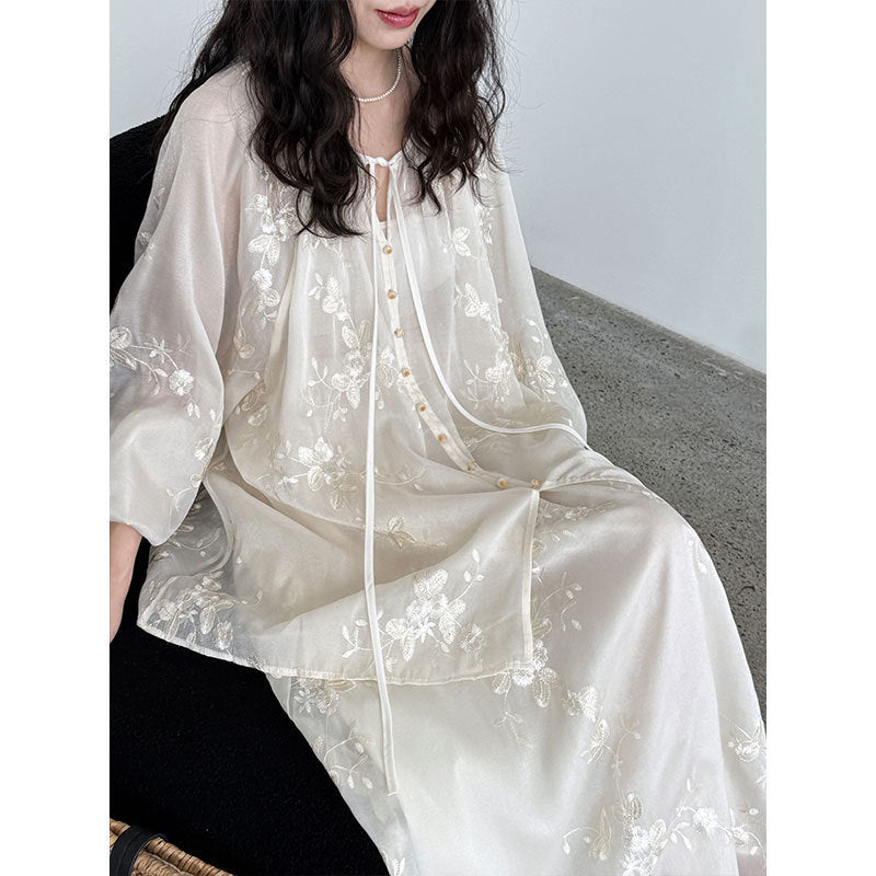 Chinese Style Embroidery Apricot Lantern Sleeve Mid-Length Dress Set M-L