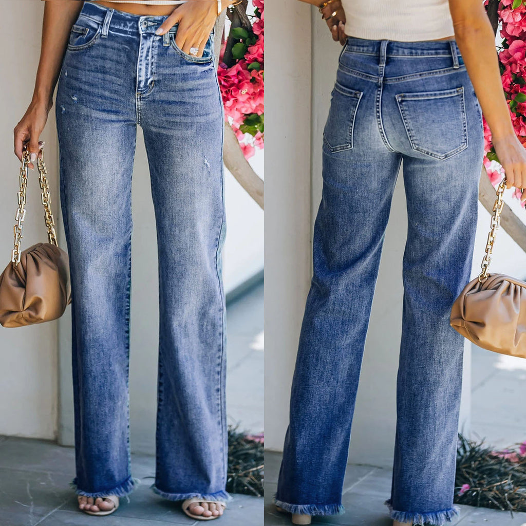 Pantalon droit hipster femme en jean délavé bleu taille mi-haute
