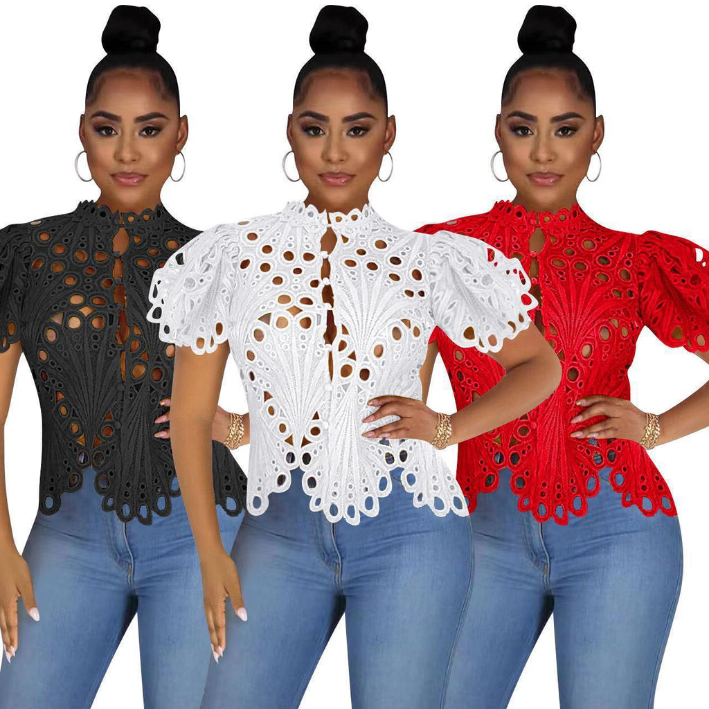 Sexy Cutout See-Through Lace Puff Sleeve Irregular Top for Women