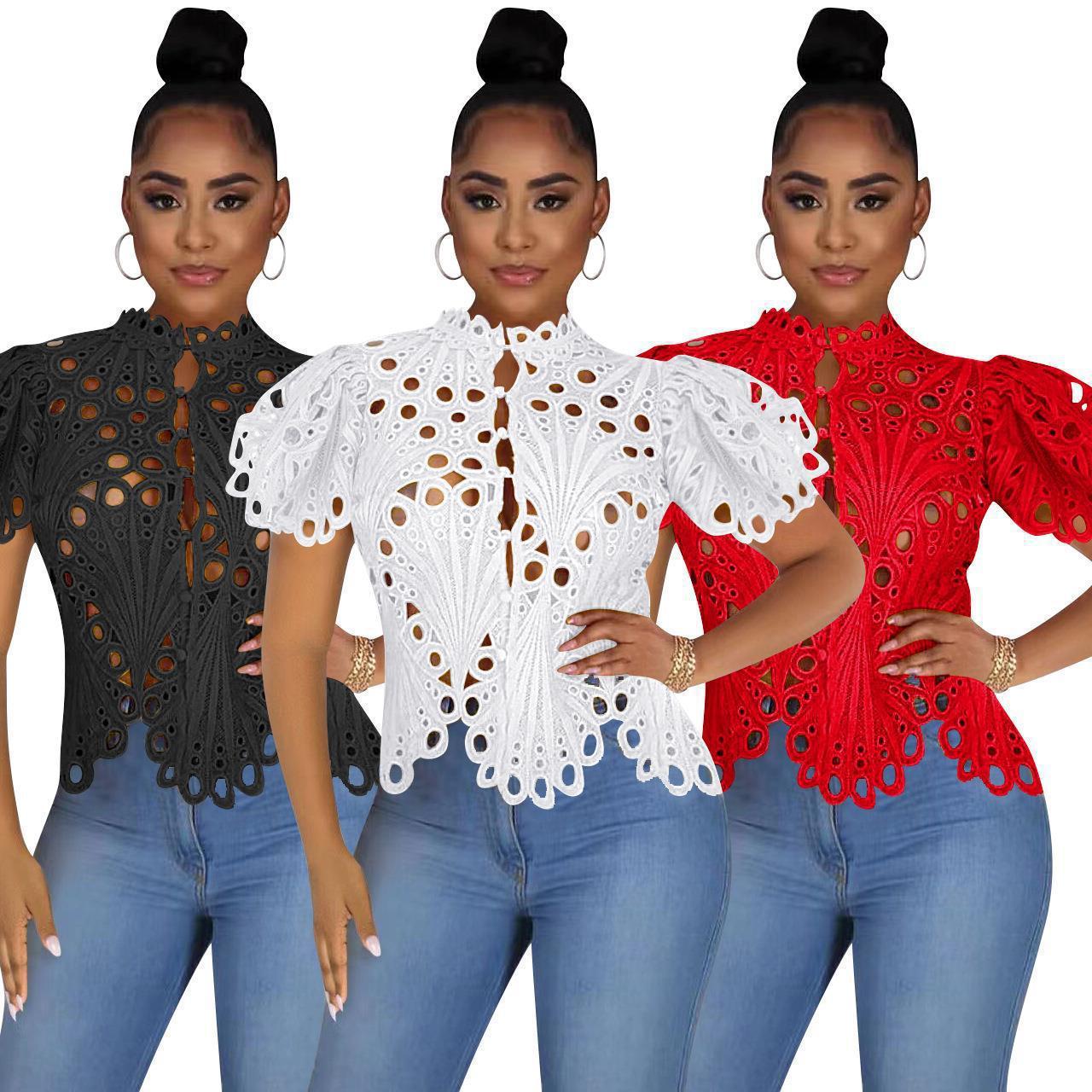 Sexy Cutout See-Through Lace Puff Sleeve Irregular Top for Women