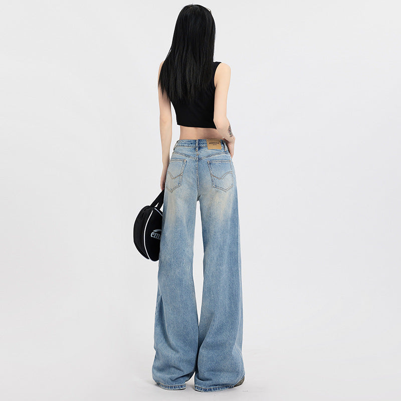 Jeans taille haute rétro bleus coupe large pour femme