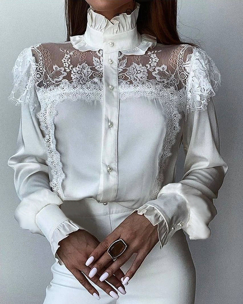 Chemise Femme en Modal à Manches Longues avec Coutures en Dentelle Blanche et Liseré