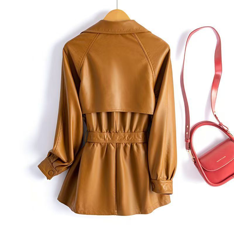 Women's Large Size Loose Fit PU Leather Windbreaker Jacket Waist-Flattering