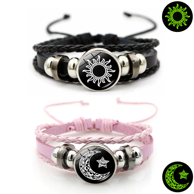 Bracelet en cuir lumineux pour couple amoureux Soleil et Lune