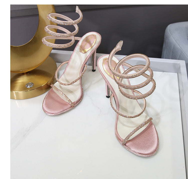 Women's Rhinestone Satin Ankle-Strap Stiletto Heels Sandals