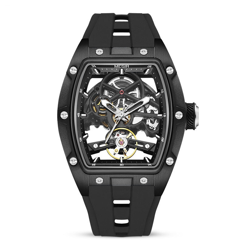 Montre mécanique ajourée pour homme avec bracelet en silicone