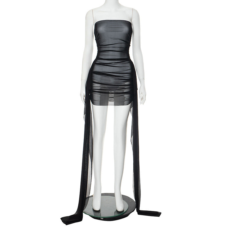 Mesh Ribbon Pleated Short Dress for Women