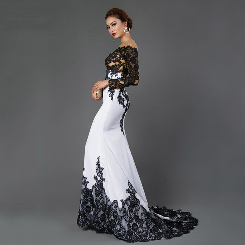 Embroidered Lace Maxi Dress With Fishtail Slim Fit