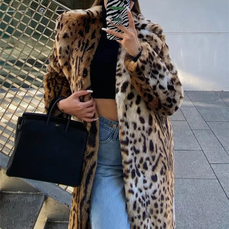 Women's Fashion Leopard Print Suit Collar Furry Coat