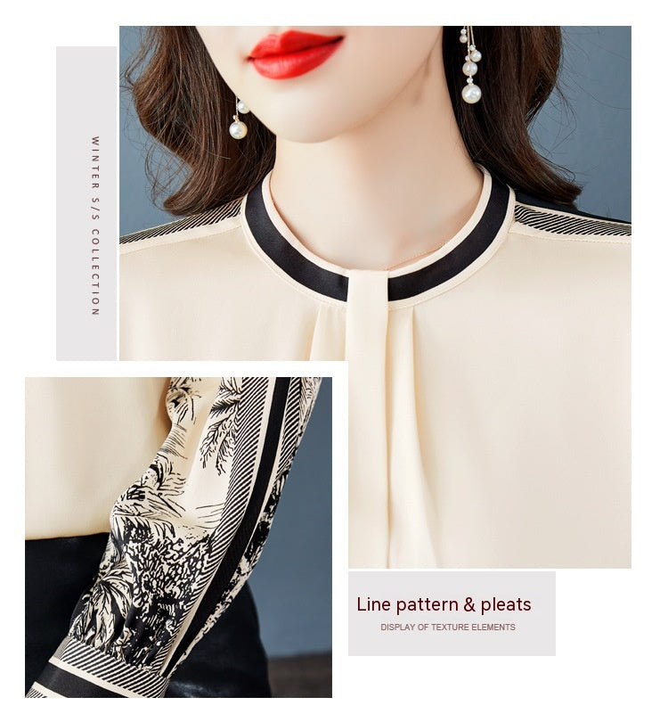 Women's Spring Clothing Versatile Slimming Temperament Printed Mulberry Silk Satin Shirt Long Sleeve