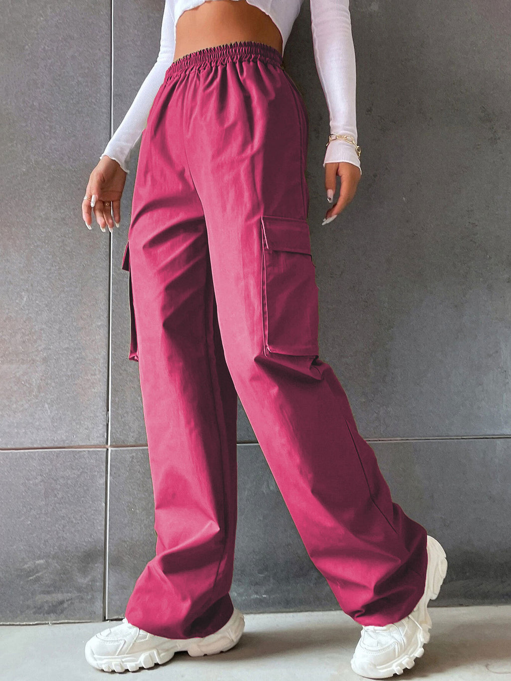 Pantalon de travail taille haute de couleur unie pour femme avec poches