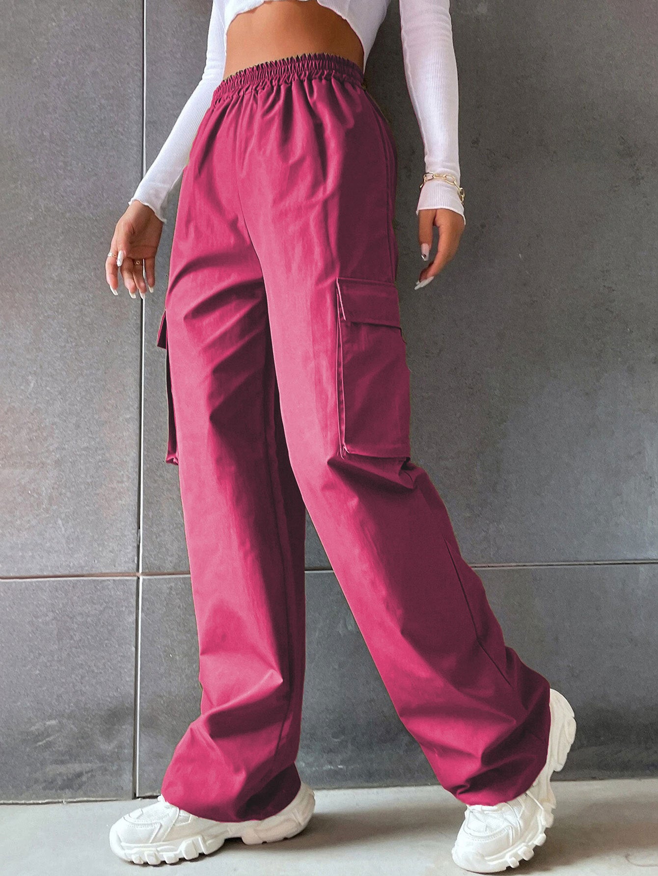Pantalon de travail taille haute de couleur unie pour femme avec poches