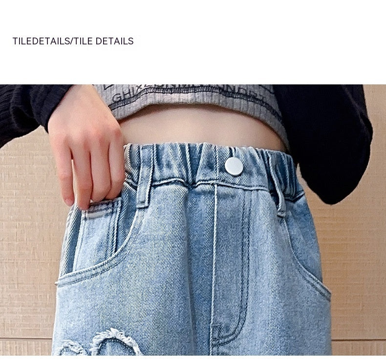 Girls' Blue Raw Edge Denim Wide-Leg Pants