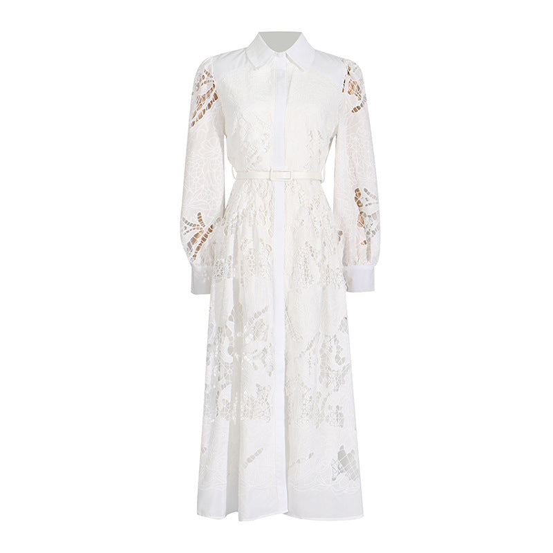 Lapel Long Lantern Sleeve Mid-length With Embroidery Dress
