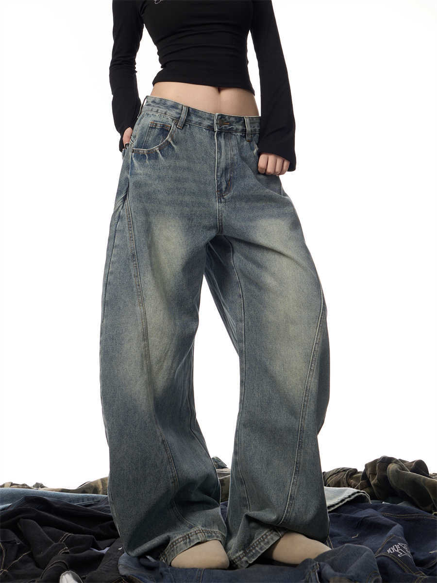 Women's Wide Leg Retro Washed Blue Jeans