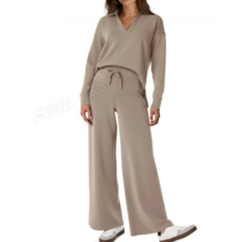 Women's V-Neck Tracksuit Set Long Sleeve Pullover & Drawstring Straight-Leg Trousers Solid Colors