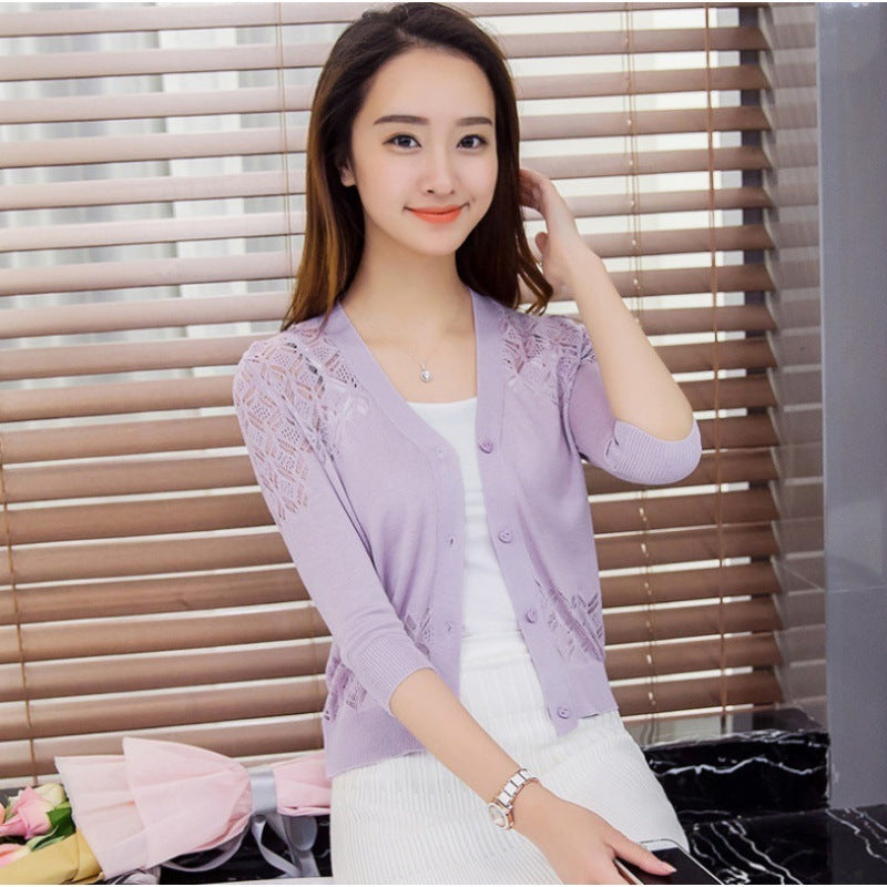 V-Neck Hollow-Out Short Knitted Cardigan Coat