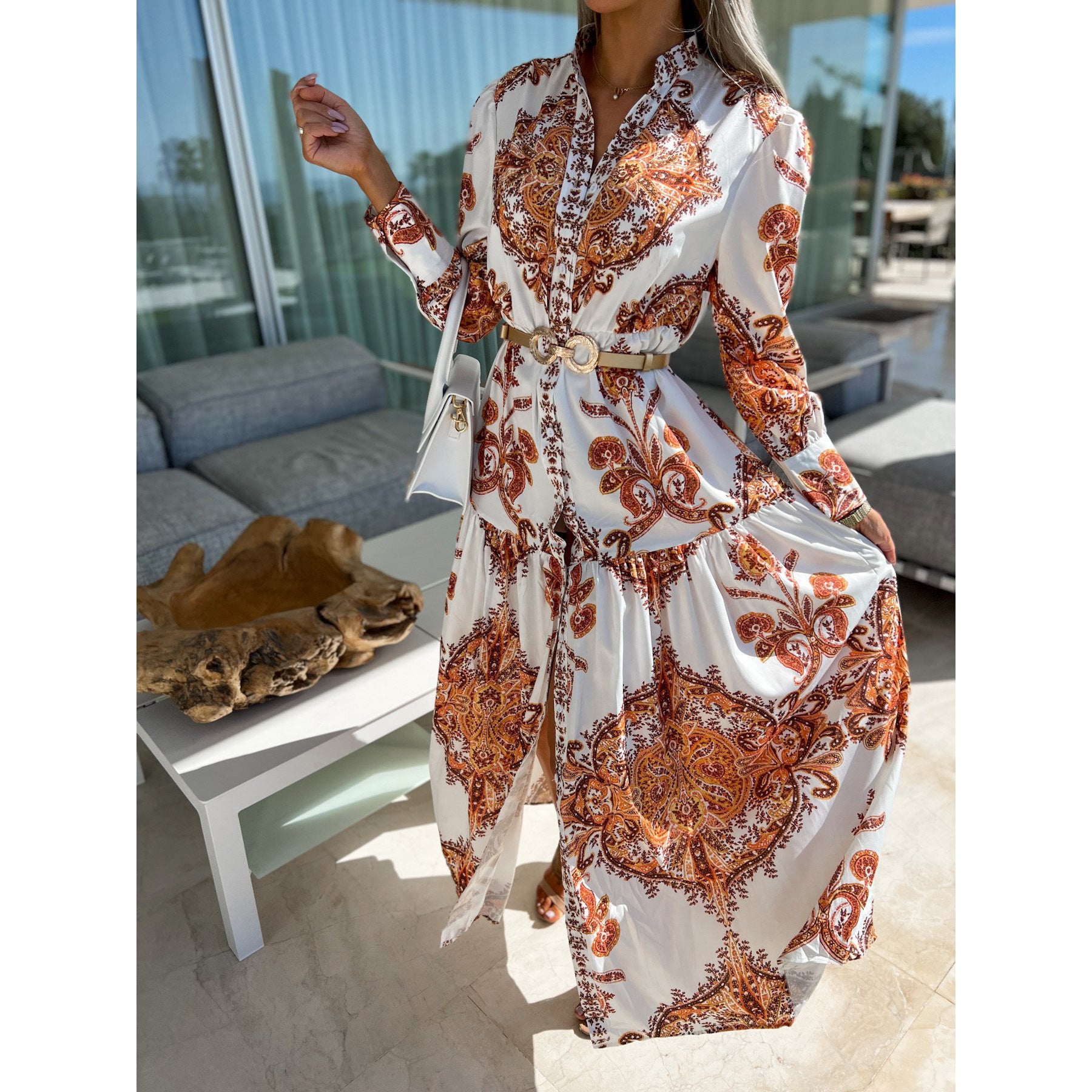 Casual Geometric Print Slit Long Dress