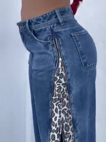 Leopard Print Patchwork Zip-Up Jeans