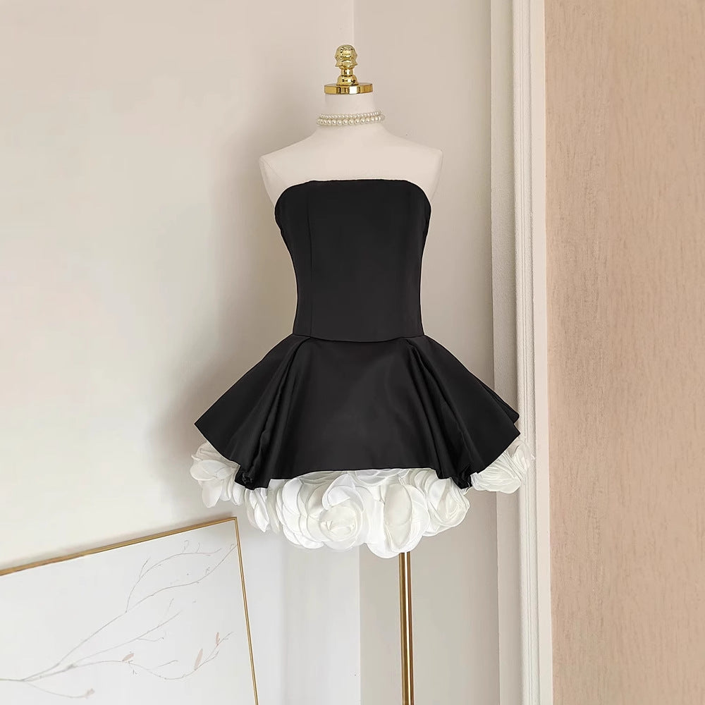 French Hepburn Style Black And White Contrast Color Three-dimensional Flower Waist-controlled Slim Fit Slimming Pettiskirt