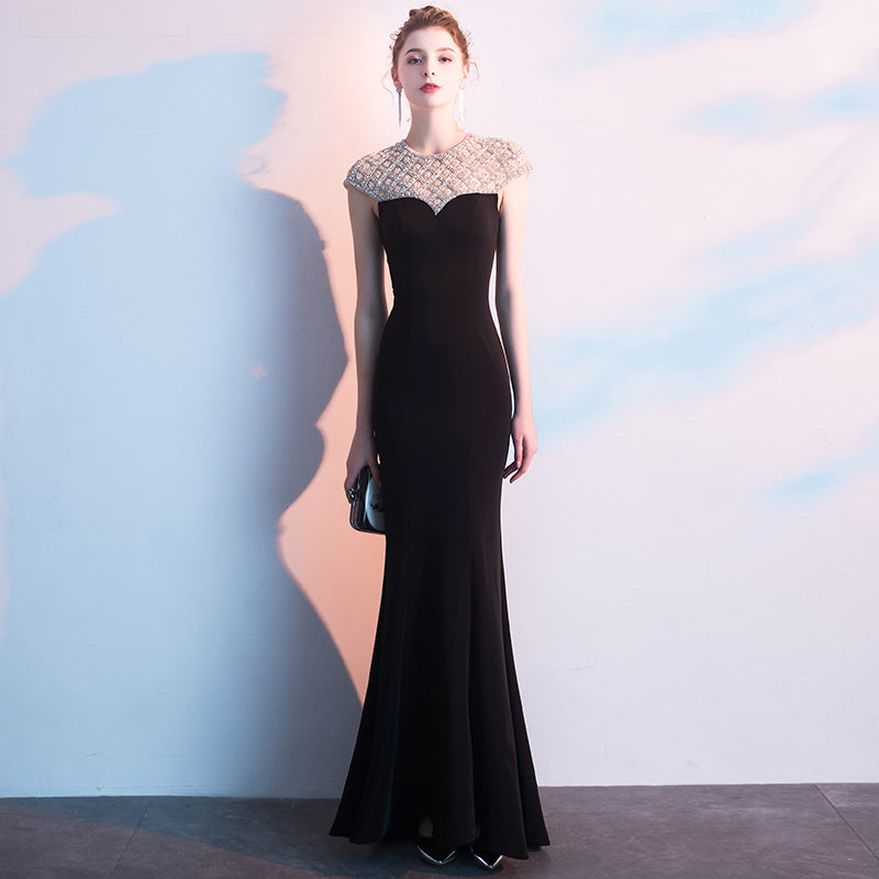 Élégante robe de soirée longue sirène avec col en U, noire ou rouge