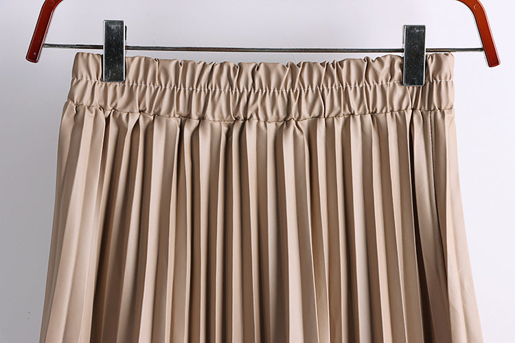 High Waist Mid-Length PU Leather Pleated Skirt for Women Solid Color
