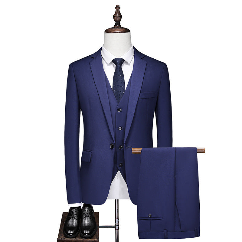 Men's Business Leisure Solid Color Suit Jacket and Pants Cotton Blend