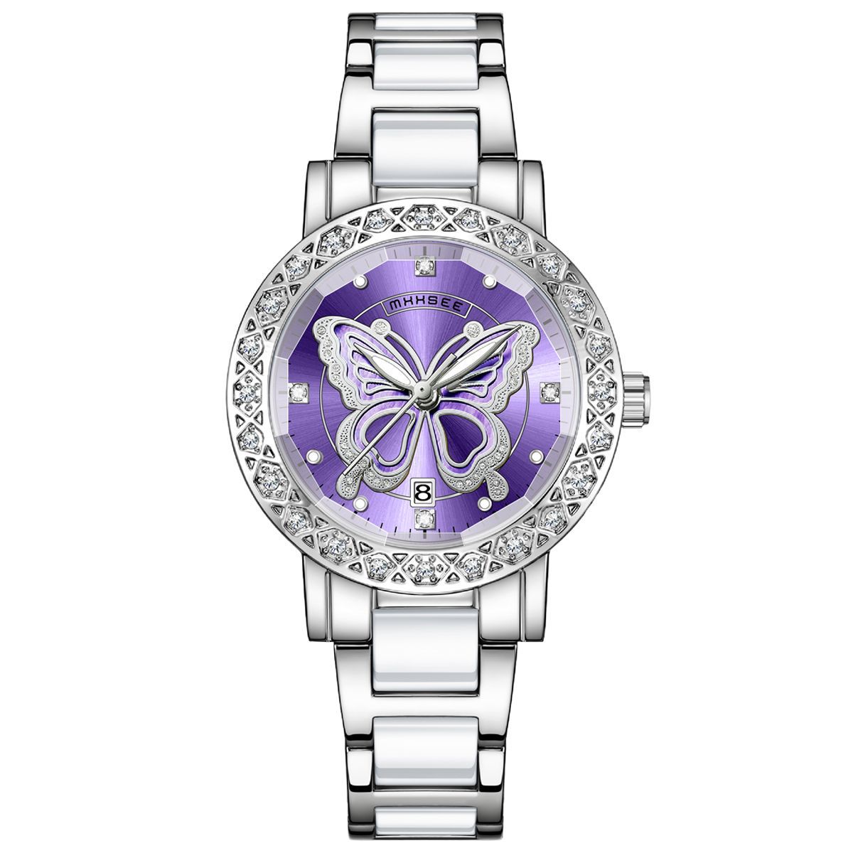Montre de luxe pour femme, sertie de diamants et ornée d'un papillon, avec calendrier et bracelet en acier.