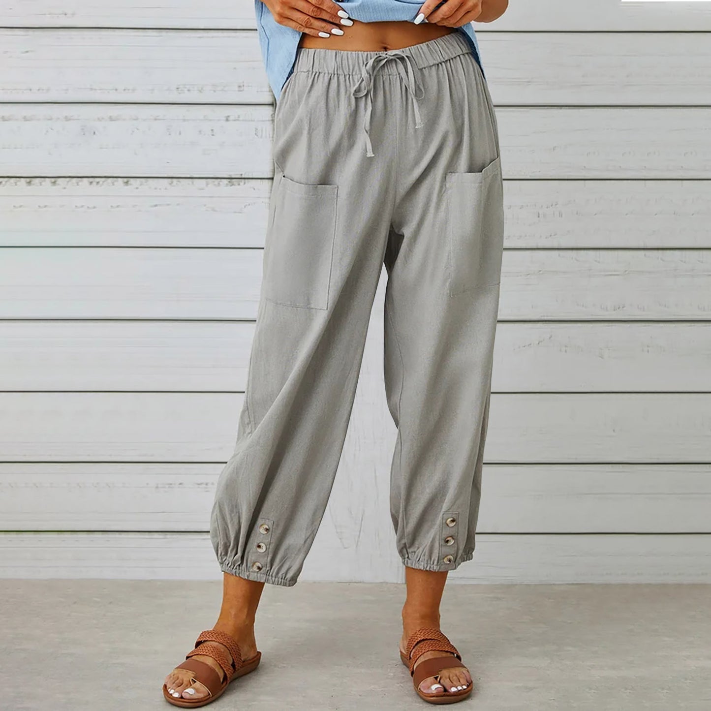 Women’s Cotton Linen Drawstring Pants With Pockets & Button - Spring Summer