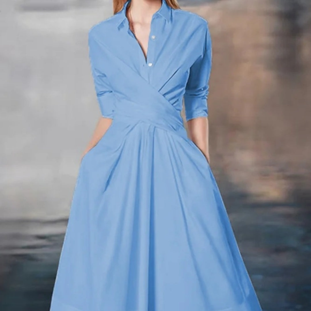Polo Collar Solid Color Mid-Length Dress with Zipper