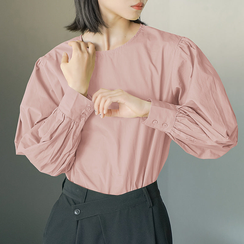 Women's Autumn Cotton Crew Neck Lantern Sleeve Shirt