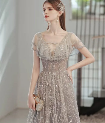 High-Grade Dusty Blue Banquet Engagement Cocktail Dress Polyester