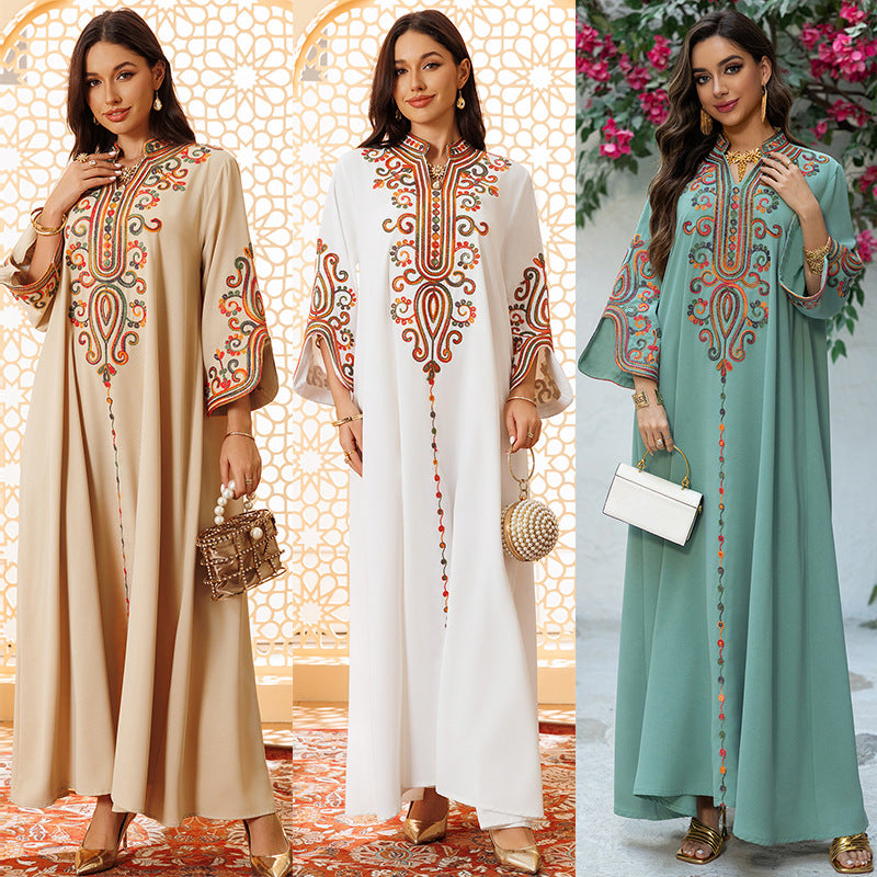 Robe longue en polyester à manches longues et corde brodée automne-hiver