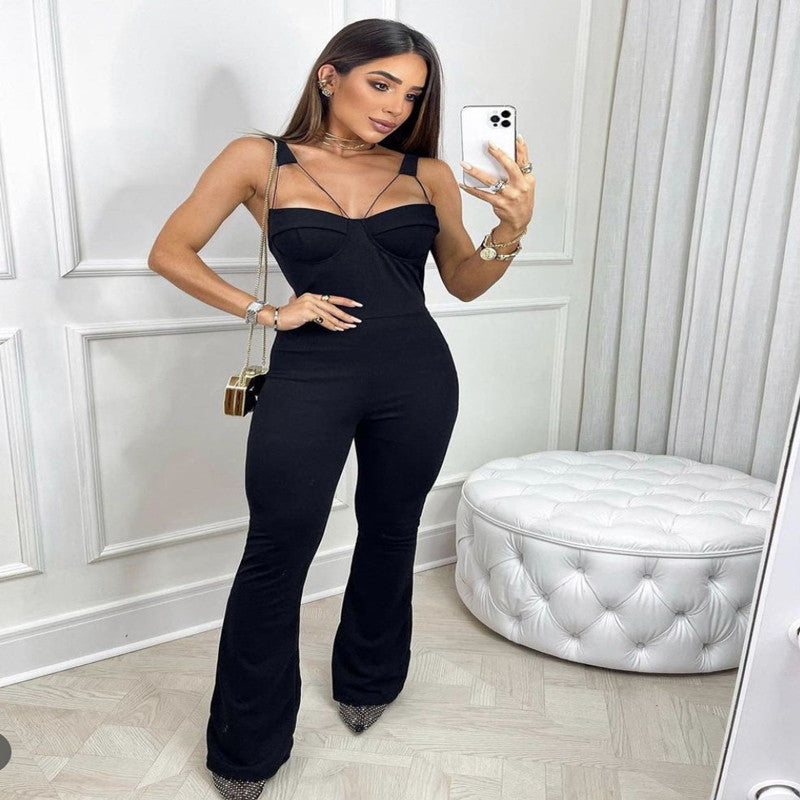 Combinaison bandage taille haute dos nu - Noir, sans manches, style urbain