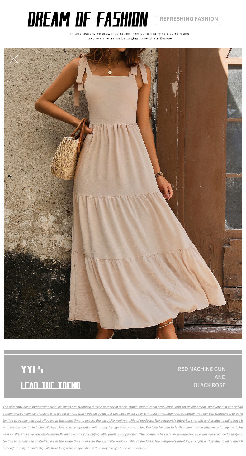 Women's Apricot Backless Solid Color Sling Dress Mid-Length