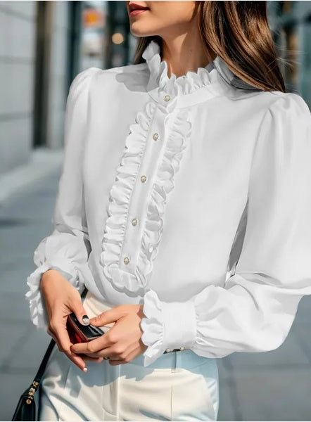 Stand-Up Collar Long-Sleeve Shirt with Lotus Leaf Hem - 100% Polyester