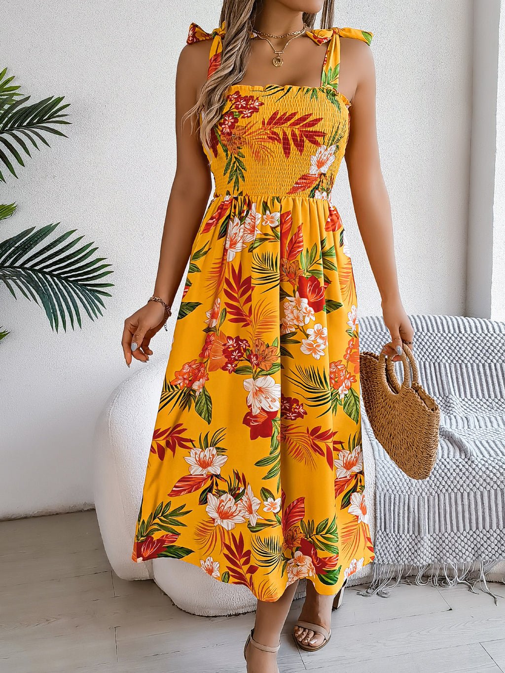 Floral Print Suspender Corset Dress Sleeveless High-Waist Summer Beach Dress for Women