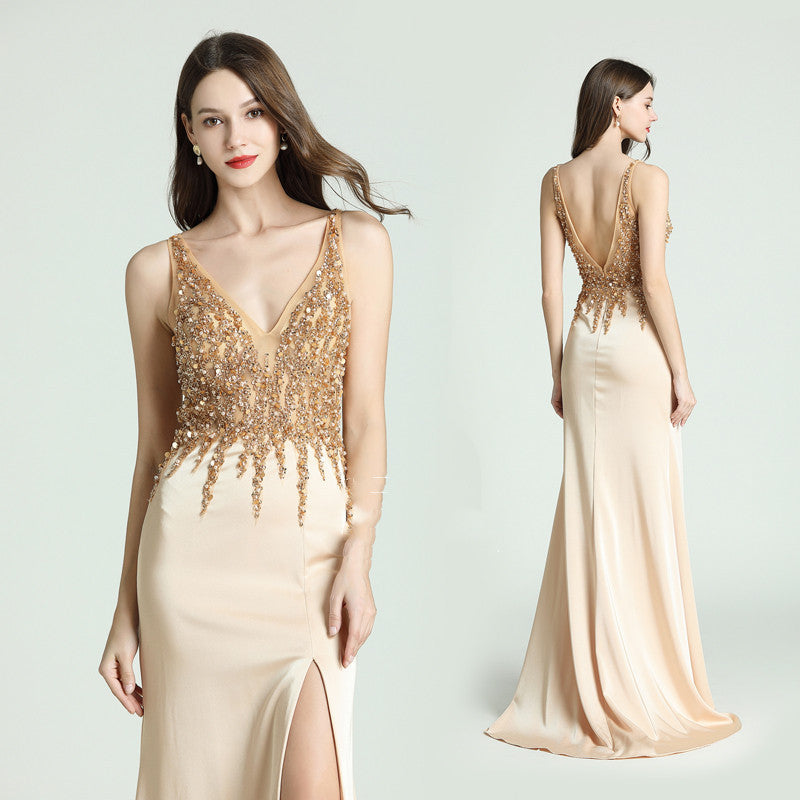 Robe de soirée élégante dorée sans manches, col en V profond, tailles personnalisées S-XL