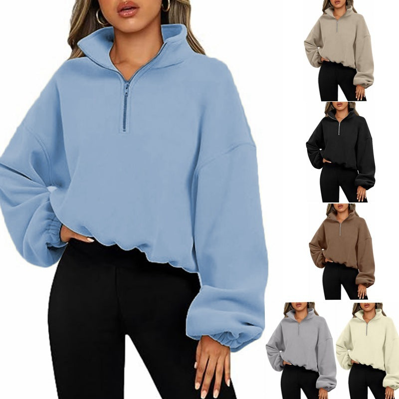 Women’s Loose Sport Pullover Hoodie Winter Zipper Stand Collar Thick Warm Sweatshirt Solid Color