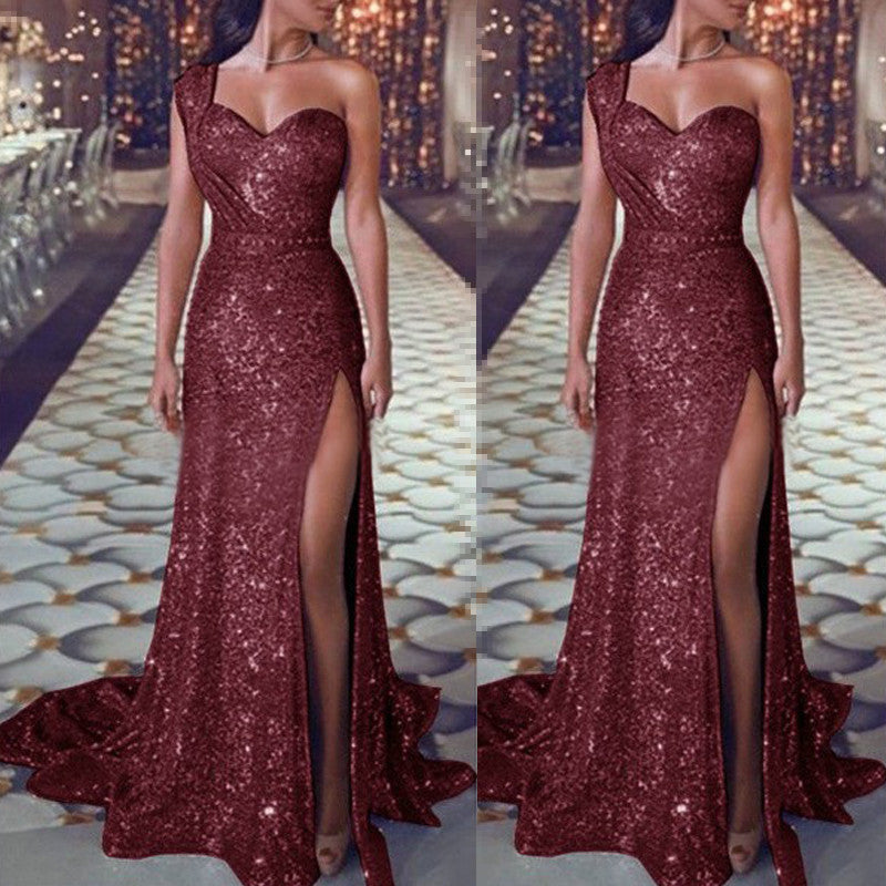Women's One-Shoulder Sleeveless Bronzing Split Dress