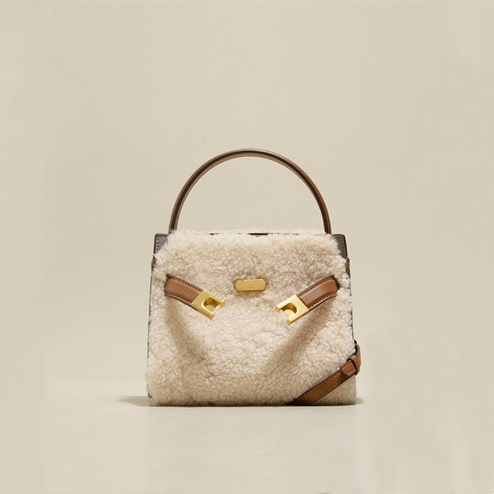 Sac bandoulière en cuir et peluche de laine d'agneau pour femmes – Mode automne-hiver
