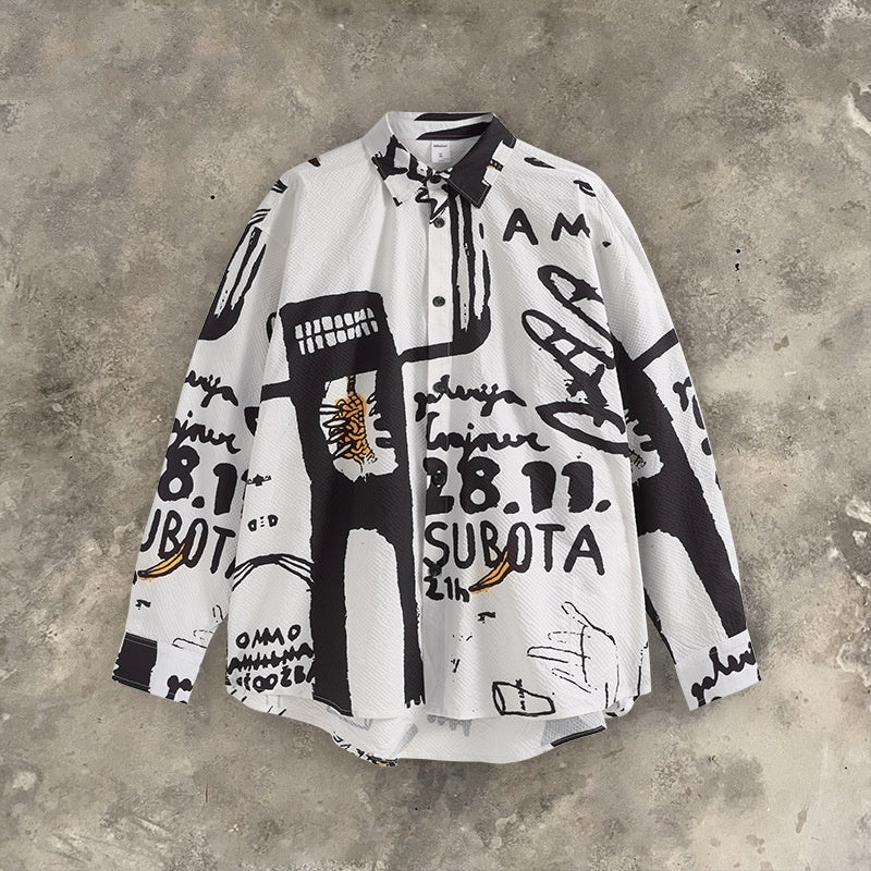 Hand-Painted Graffiti Digital Print Polyester Shirt for Autumn Winter