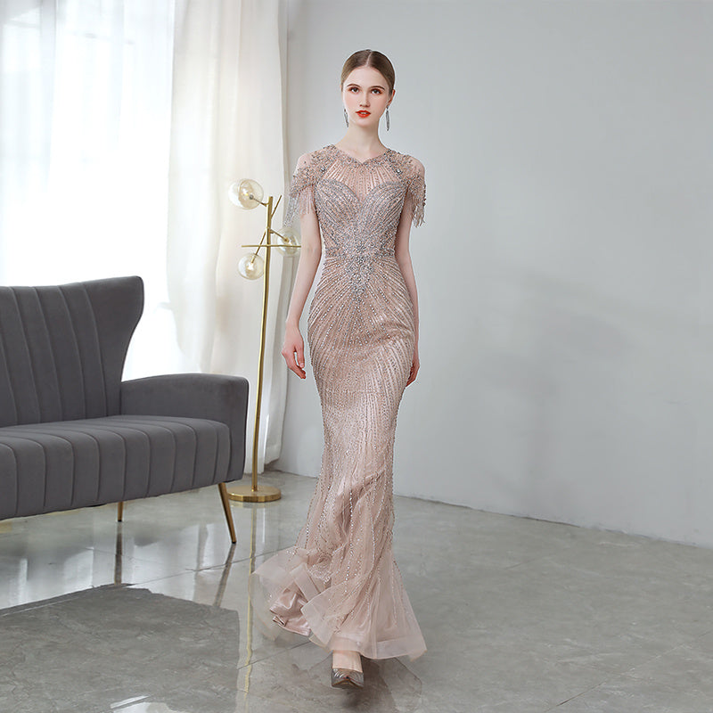 Robe de soirée sirène rose racine de lotus de luxe pour femme