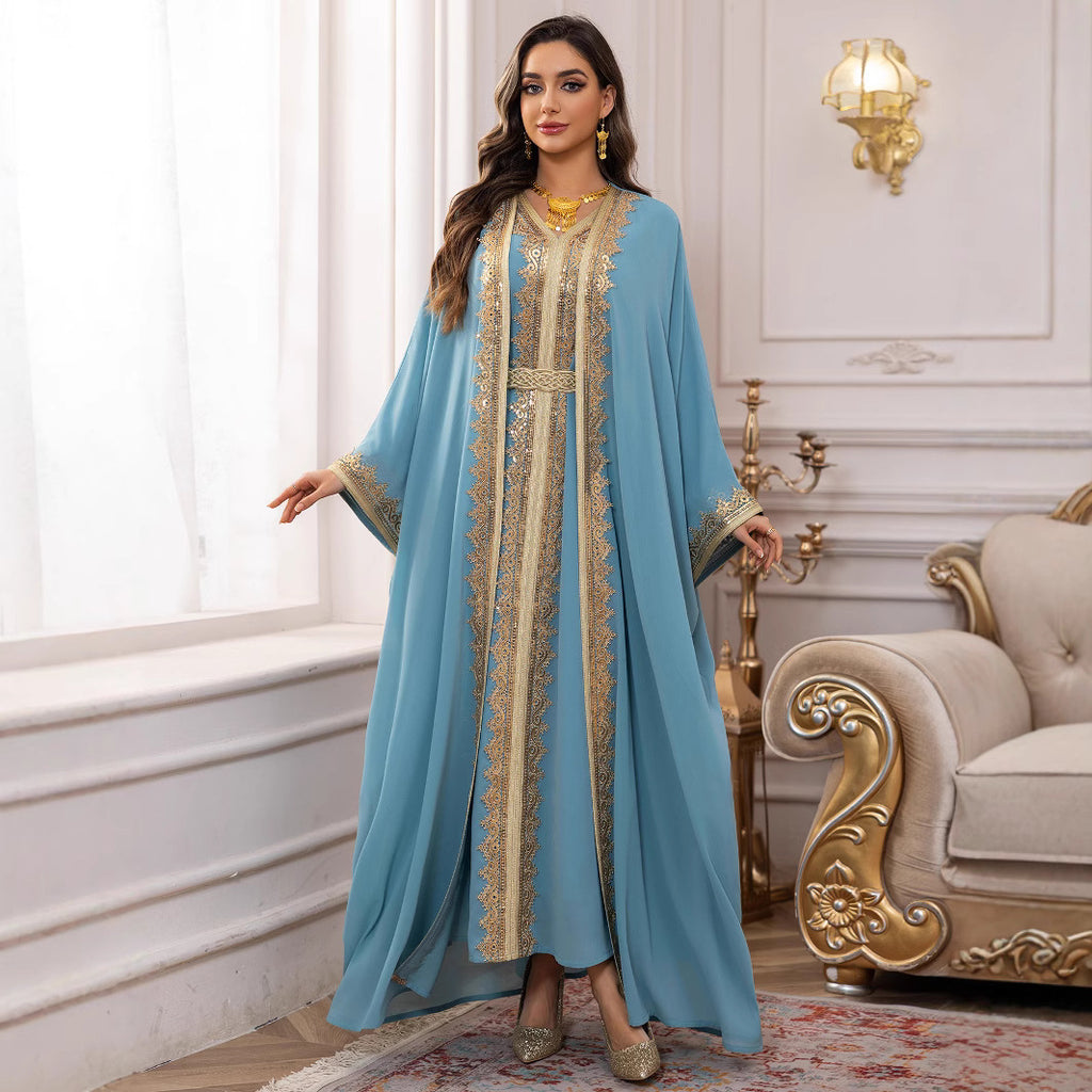 فستان إسلامي من الشيفون الأزرق السماوي مع حزام، مقاسات S-XXL