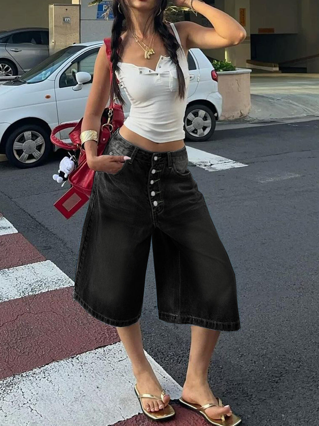 Multi-Breasted Mid-Waist Denim Shorts in Light Blue, Black & Blue