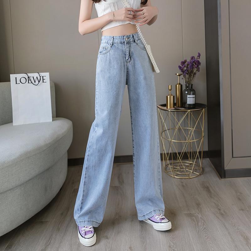 High-Waisted Blue Cotton Straight & Wide-Leg Pants Loose Fit