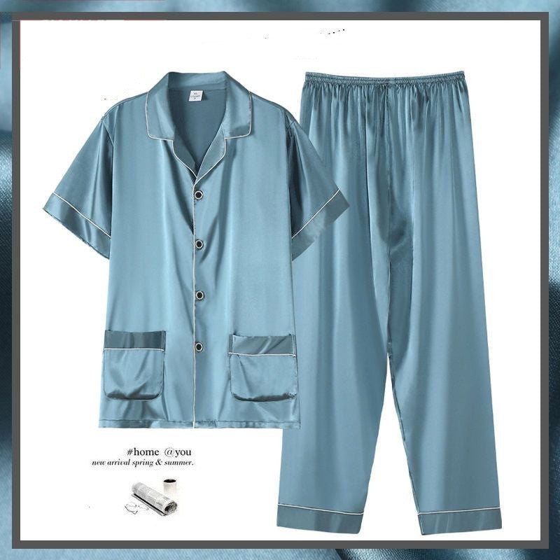 Men's Summer Thin Ice Silk Short Sleeve Homewear Suit with Trousers